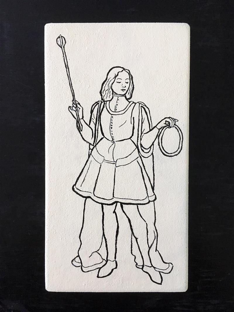 Pukku and Mekku. Indian ink on painted cardboard, 17x9 cm (2022). 