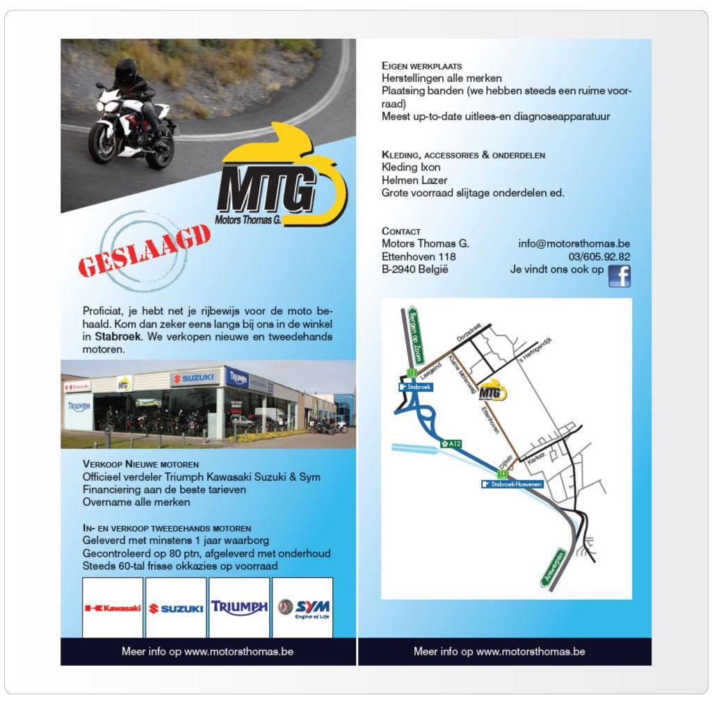 Flyer voor Motors Thomas G., Triumph & Kawasaki motordealer Antwerpen