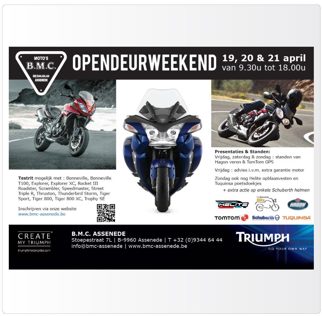 Flyer voor opendeurweekend van BMC Assenede, Triumph motordealer